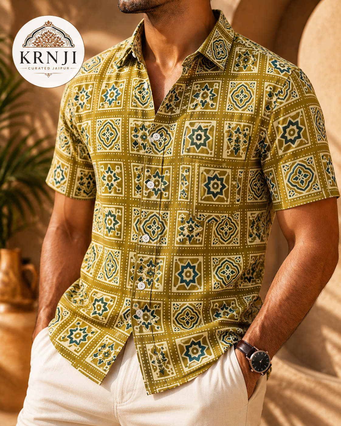 Premium Olive Green Geometric Sanganeri Printed Half Sleeve Shirt