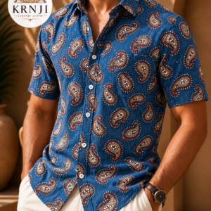 Premium Royal Blue Cotton Paisley Sanganeri Printed Half Sleeve Shirt