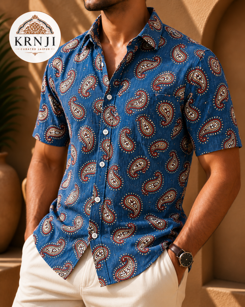 Premium Royal Blue Cotton Paisley Sanganeri Printed Half Sleeve Shirt