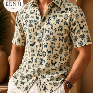 Premium Beige Tribal Sanganeri Printed Half Sleeve Shirt