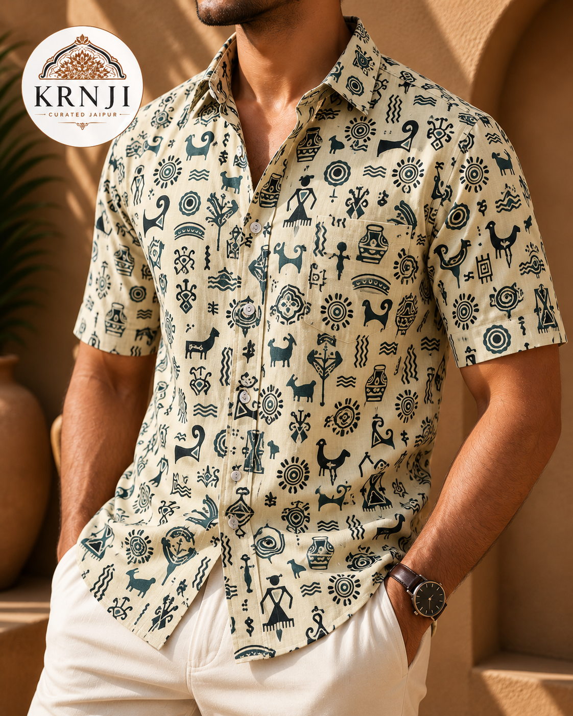 Premium Beige Tribal Sanganeri Printed Half Sleeve Shirt