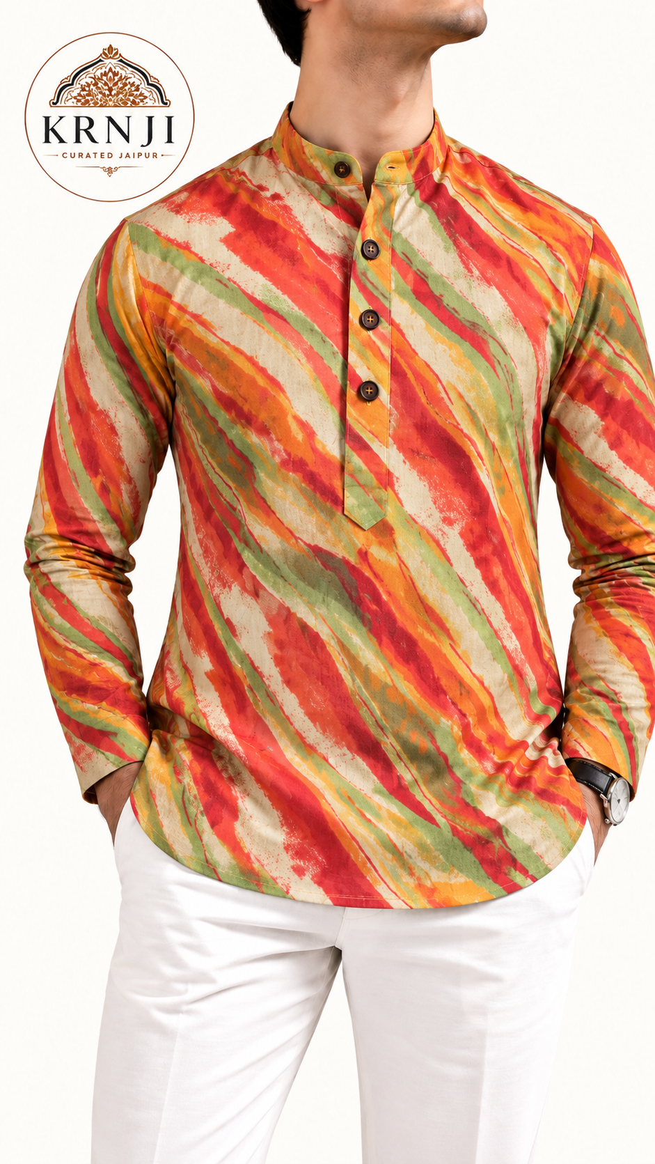 Premium Cotton Multicolour Brushstroke Printed Short Kurta | Full Sleeve Ethnic Kurta
