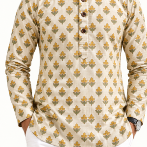 Premium Cotton Mustard Floral Printed Full Sleeve Short Kurta