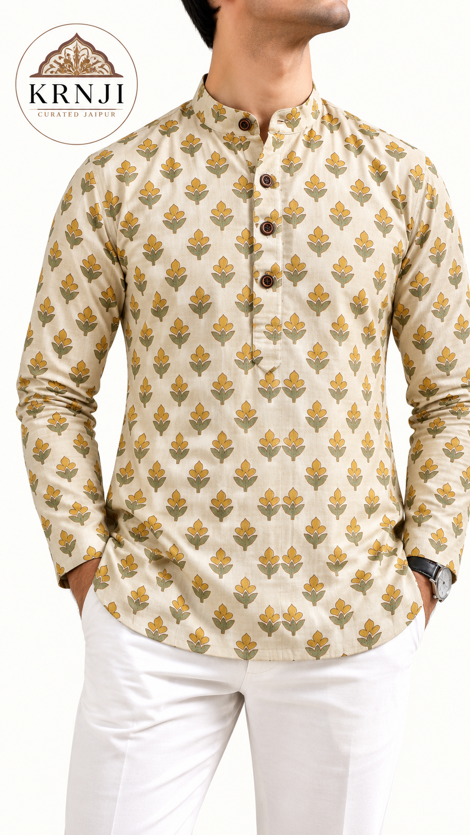 Premium Cotton Mustard Floral Printed Full Sleeve Short Kurta
