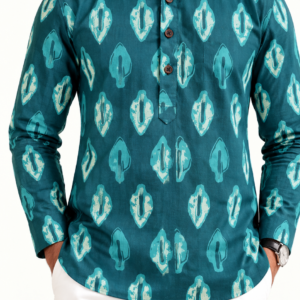 Premium Cotton Teal Ikat-Style Printed Full Sleeve Short Kurta