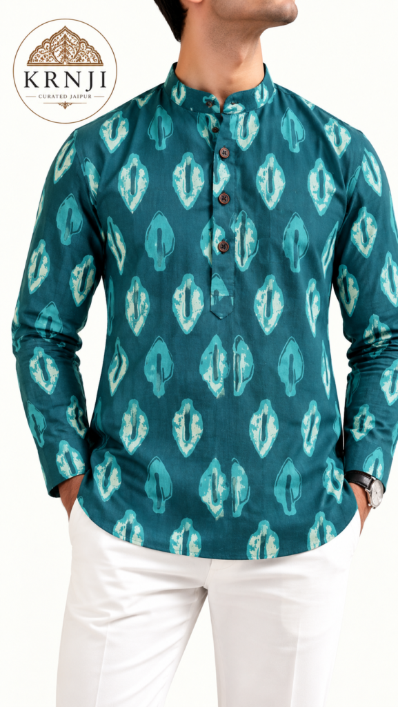 Premium Cotton Teal Ikat-Style Printed Full Sleeve Short Kurta