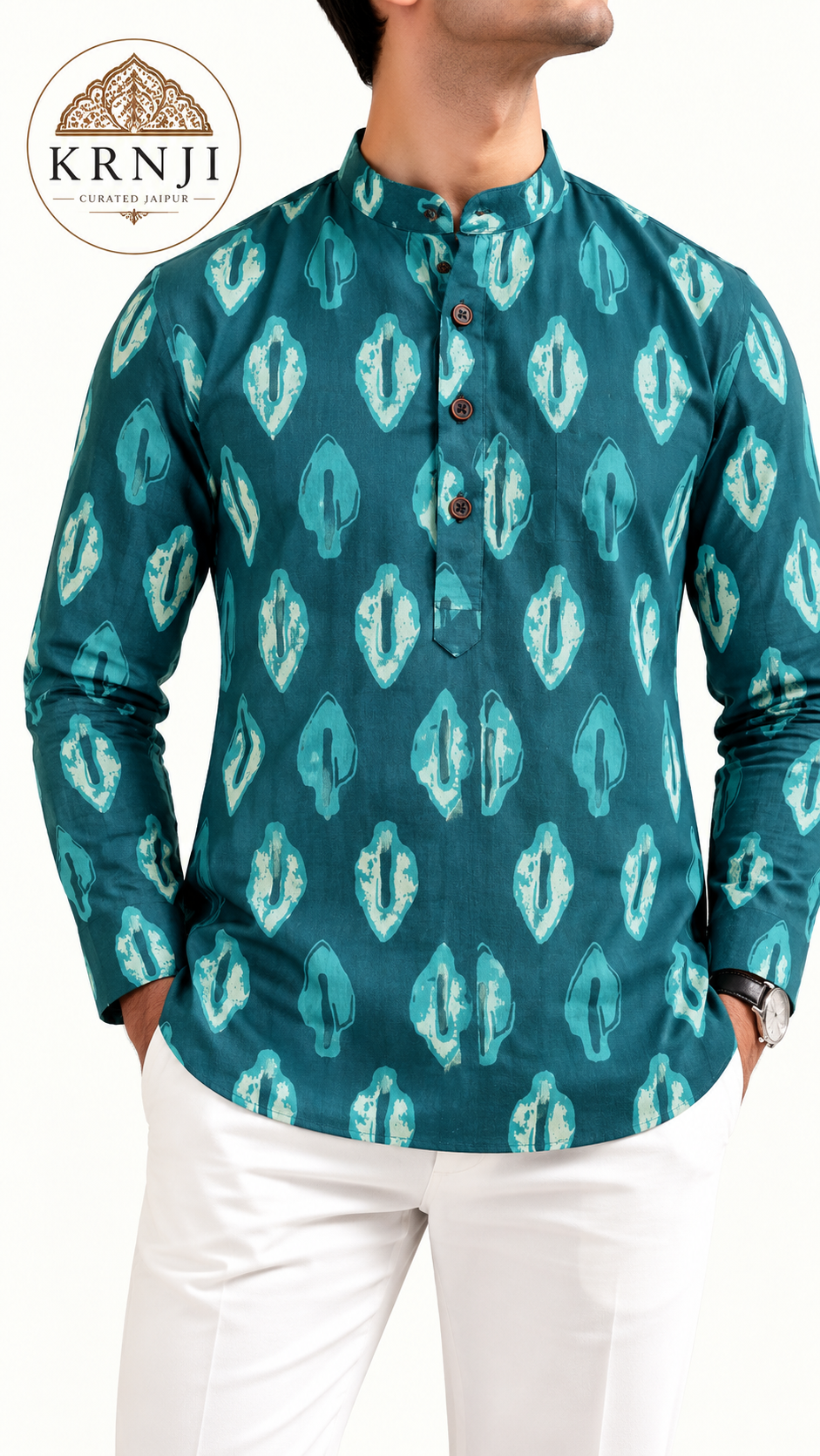 Premium Cotton Teal Ikat-Style Printed Full Sleeve Short Kurta