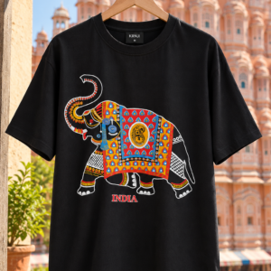 Premium Black Unisex Graphic T-Shirt with Colourful Traditional Indian Elephant Design
