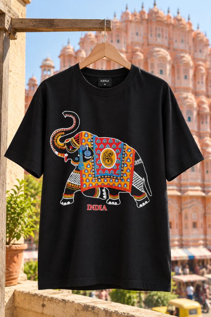 Premium Black Unisex Graphic T-Shirt with Colourful Traditional Indian Elephant Design