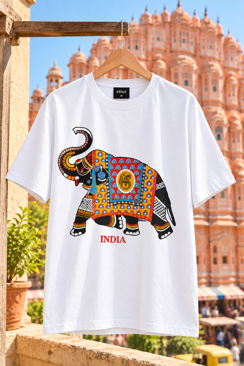 Premium White Unisex Graphic T-Shirt with Colourful Traditional Indian Elephant Design