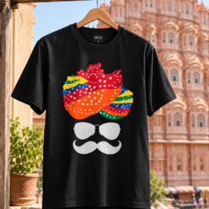 Premium Black Unisex Graphic T-Shirt with Colourful Rajasthani Bandhani Turban, Sunglasses and Moustache