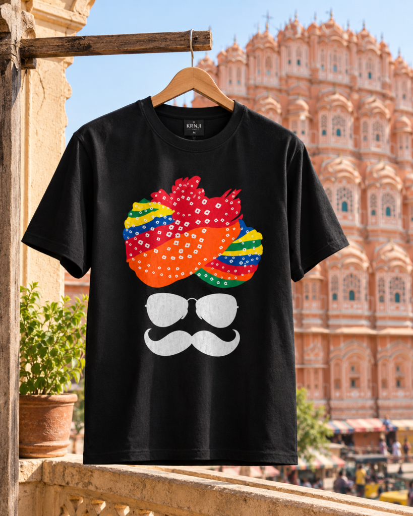 Premium Black Unisex Graphic T-Shirt with Colourful Rajasthani Bandhani Turban, Sunglasses and Moustache