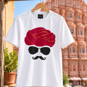 Premium White Unisex Graphic T-Shirt with Rajasthani Turban, Sunglasses and Moustache Design