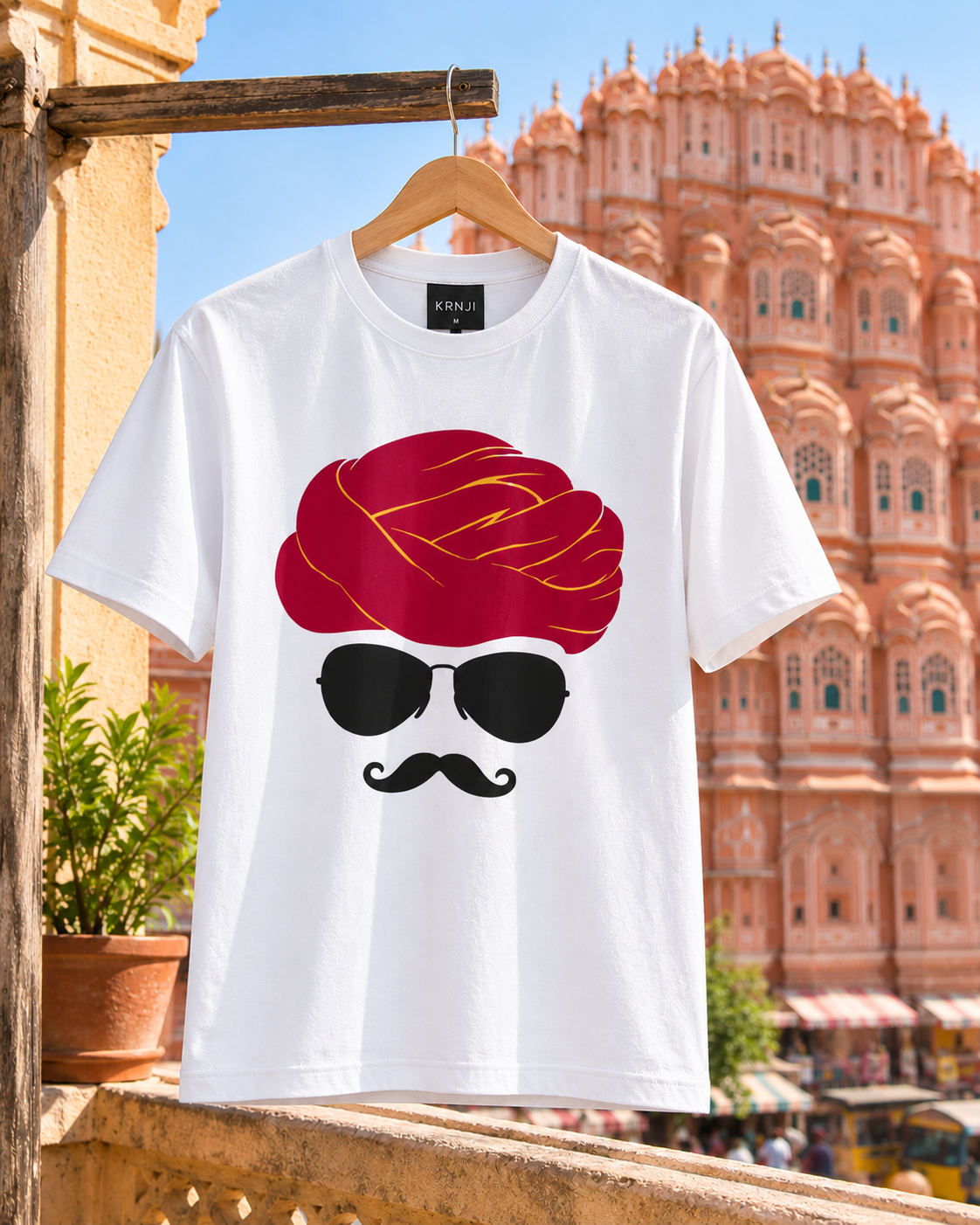 Premium White Unisex Graphic T-Shirt with Rajasthani Turban, Sunglasses and Moustache Design