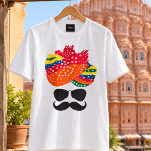 Premium White Unisex Graphic T-Shirt with Colourful Rajasthani Bandhani Turban, Sunglasses and Moustache