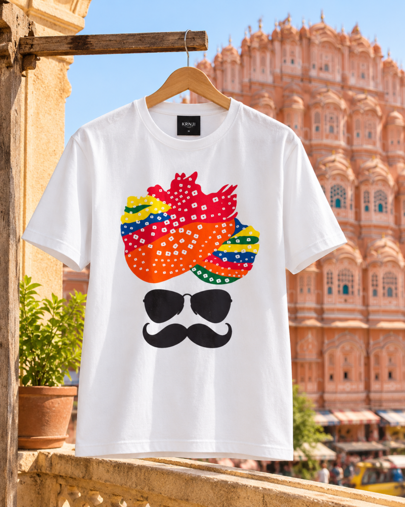 Premium White Unisex Graphic T-Shirt with Colourful Rajasthani Bandhani Turban, Sunglasses and Moustache