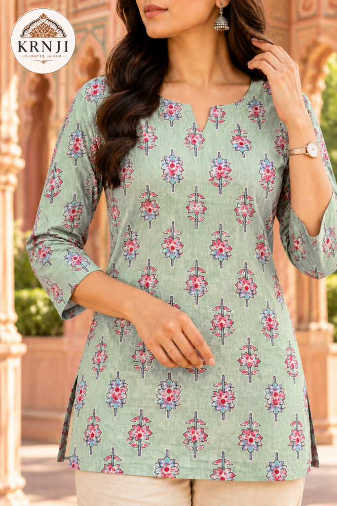 Premium Mint Green Floral Printed Short Kurti with Three-Quarter Sleeves