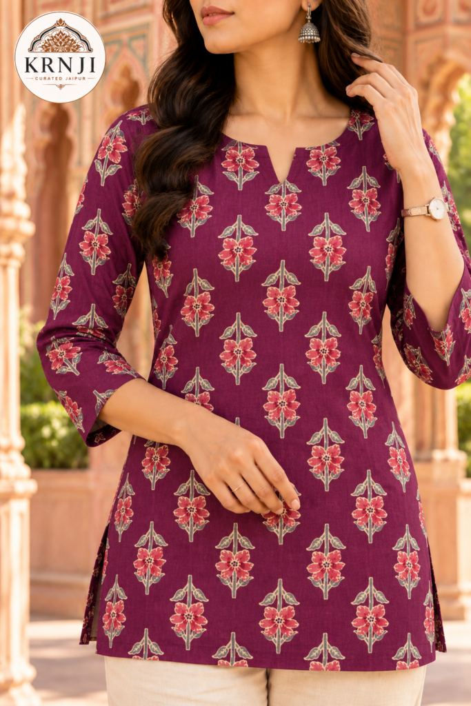 Premium Wine Purple Floral Printed Short Kurti with Three-Quarter Sleeves