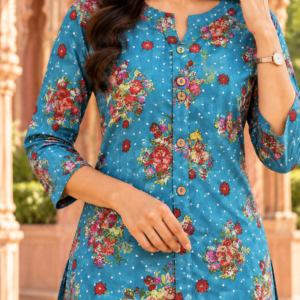 Premium Turquoise Blue Floral Printed Short Kurti with Three-Quarter Sleeves